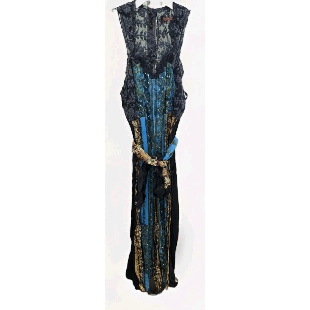 Free People Mixed Print Lace Maxi Dress Blue Gold Sequin Boho Size 4